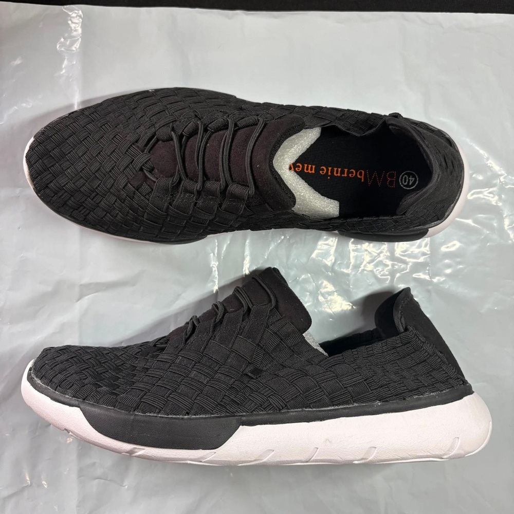 bernie mev. Black Woven Slip-On Sneakers with White Sole